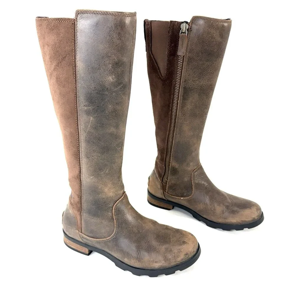 Sorel Boots Womens 6.5 Emelie Tall Riding Brown Leather Side Zip Knee High Block